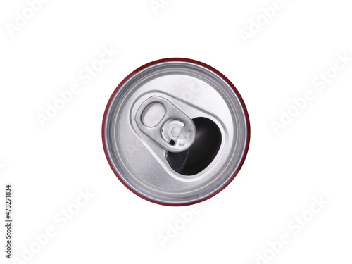 Empty, open can made of food grade aluminum in golden color. Isolated on a white background, top view