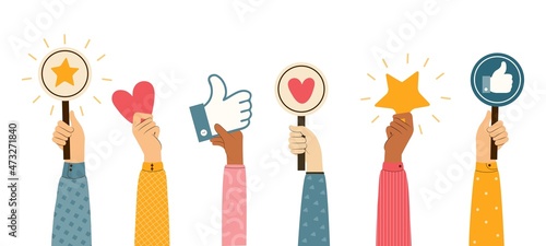 People give review rating and feedback. Hands different skin colors vote. Likes, hearts, thumbs up button, positive and approve signs, rating Icons. Customer choice. Colored flat illustration photo