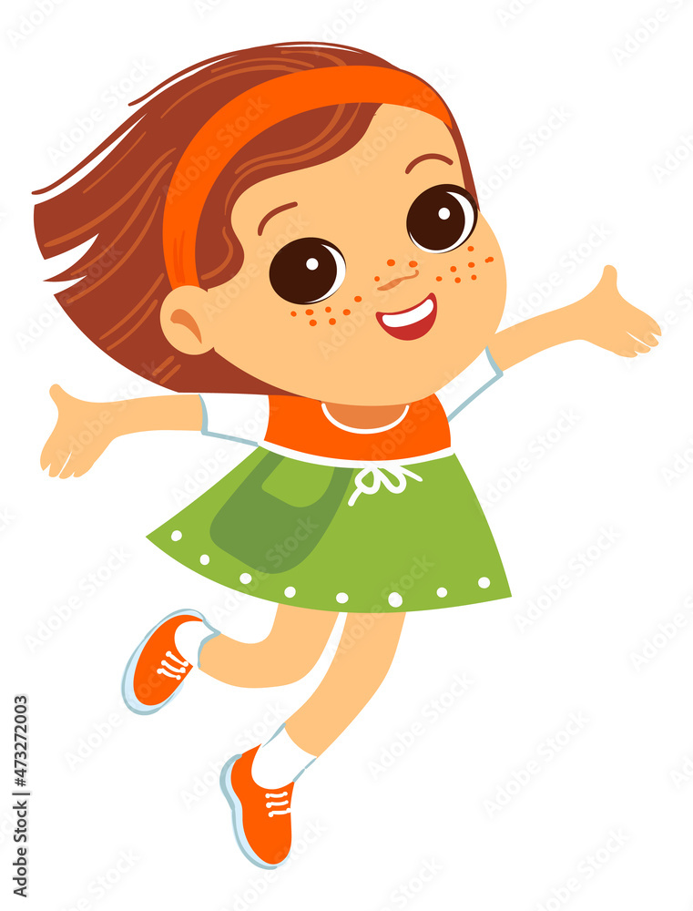 Smiling girl jumping. Happy kid playing. Adorable cartoon character Smiling girl jumping. Happy kid playing. Adorable cartoon character