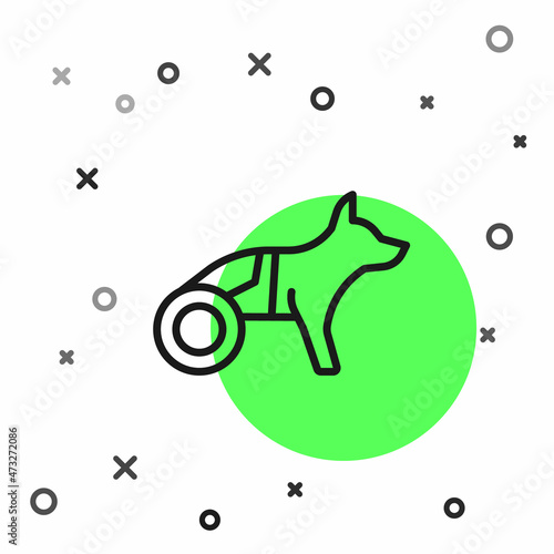 Black line Paralyzed dog in wheelchair icon isolated on white background. Vector