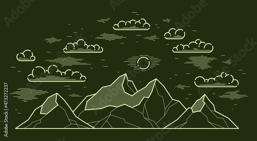 Mountain peaks line art vector illustration on dark, linear illustration of mountains range wild nature landscape, outdoor hiking camping ant travel theme.