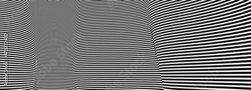 Abstract vector 3D lines background, black and white linear perspective dimensional optical pattern.