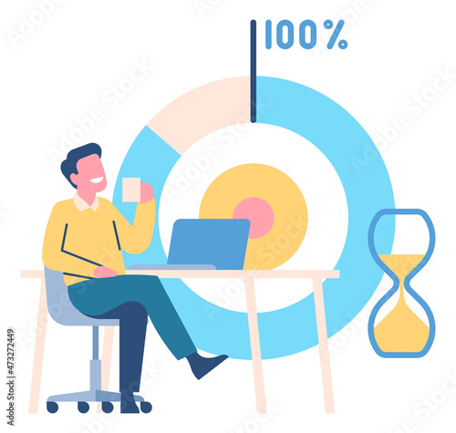 Man drinking coffee instead of work. Person ignoring uncompleted task. Procrastination concept