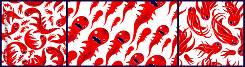 Scary horror monsters seamless vector textile pattern set, beasts creatures endless wallpaper, stylish background for Halloween theme, funny picture collection.