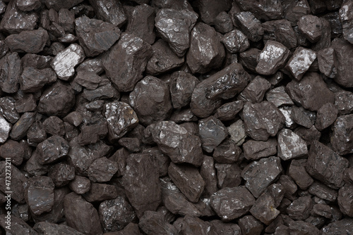Natural black stone coal background top view. Fossil fuel coal lumps texture.