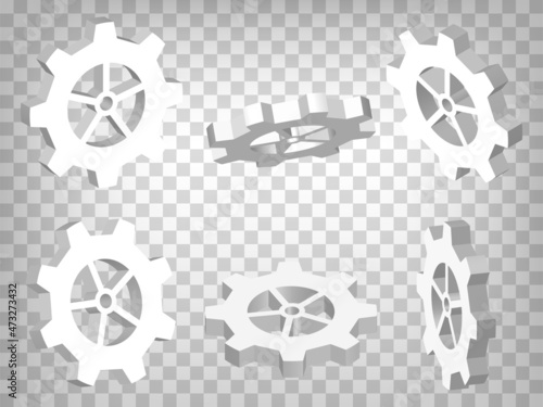 Set of perspective projections 3d gears model icons on transparent background.  3d gearwheel.  Abstract concept of graphic elements for your web site design, app, UI. EPS 10