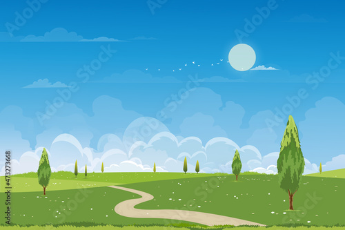 Spring green fields landscape with mountain, blue sky and clouds background,Panorama peaceful rural nature in springtime with green grass land. Cartoon vector illustration for spring and summer banner