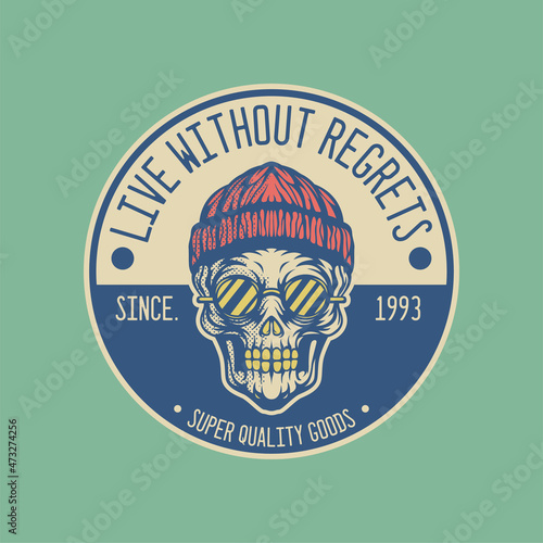 retro label of skull wearing beanie hat, this cool image is suitable for rapper music club logos or for extreme sport logo like skateboard, bmx, etc, can be used t-shirt or merchandise design