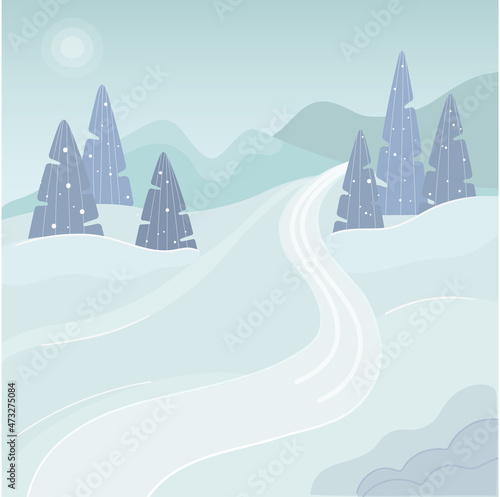 Illustration winter nature forest with snow and forest