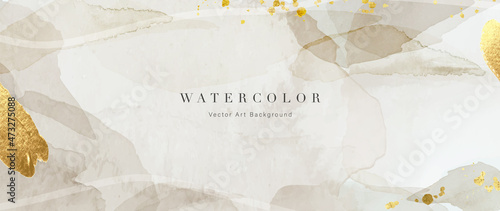 Watercolor art background vector. Wallpaper design with paint brush and gold line art. Earth tone blue, pink, ivory, beige watercolor Illustration for prints, wall art, cover and invitation cards.