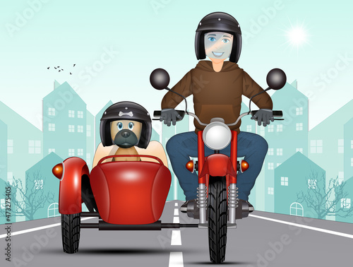 illustration of man in sidecar with dog