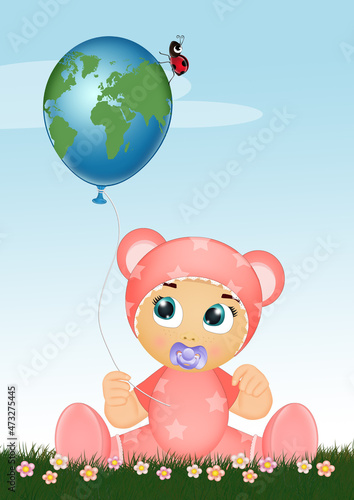 illustration of baby girl with balloon in the shape of the world