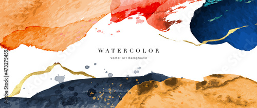 Watercolor art background vector. Wallpaper design with paint brush and gold line art. Earth tone blue, pink, ivory, beige watercolor Illustration for prints, wall art, cover and invitation cards.