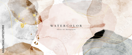 Watercolor art background vector. Wallpaper design with paint brush and gold line art. Earth tone blue, pink, ivory, beige watercolor Illustration for prints, wall art, cover and invitation cards.
