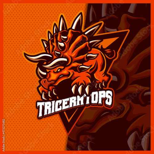 Triceratops dinosaurs mascot esport logo design illustrations vector template, Raptor logo for team game streamer youtuber banner twitch discord