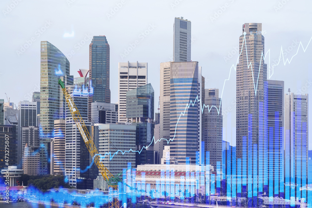 Financial stock chart hologram over panorama city view of Singapore, business center in Asia. The concept of international transactions. Double exposure.