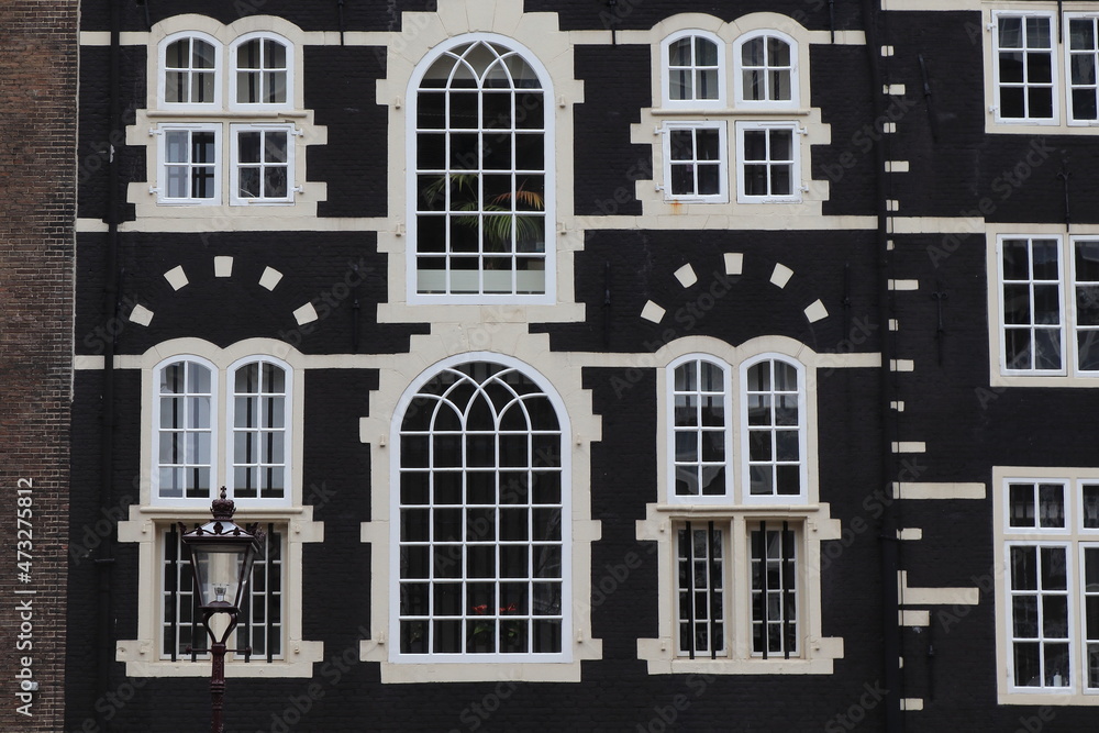 Amsterdam Oudezijds Voorburgwal Canal Black and White Historic House Facade Close Up, Netherlands