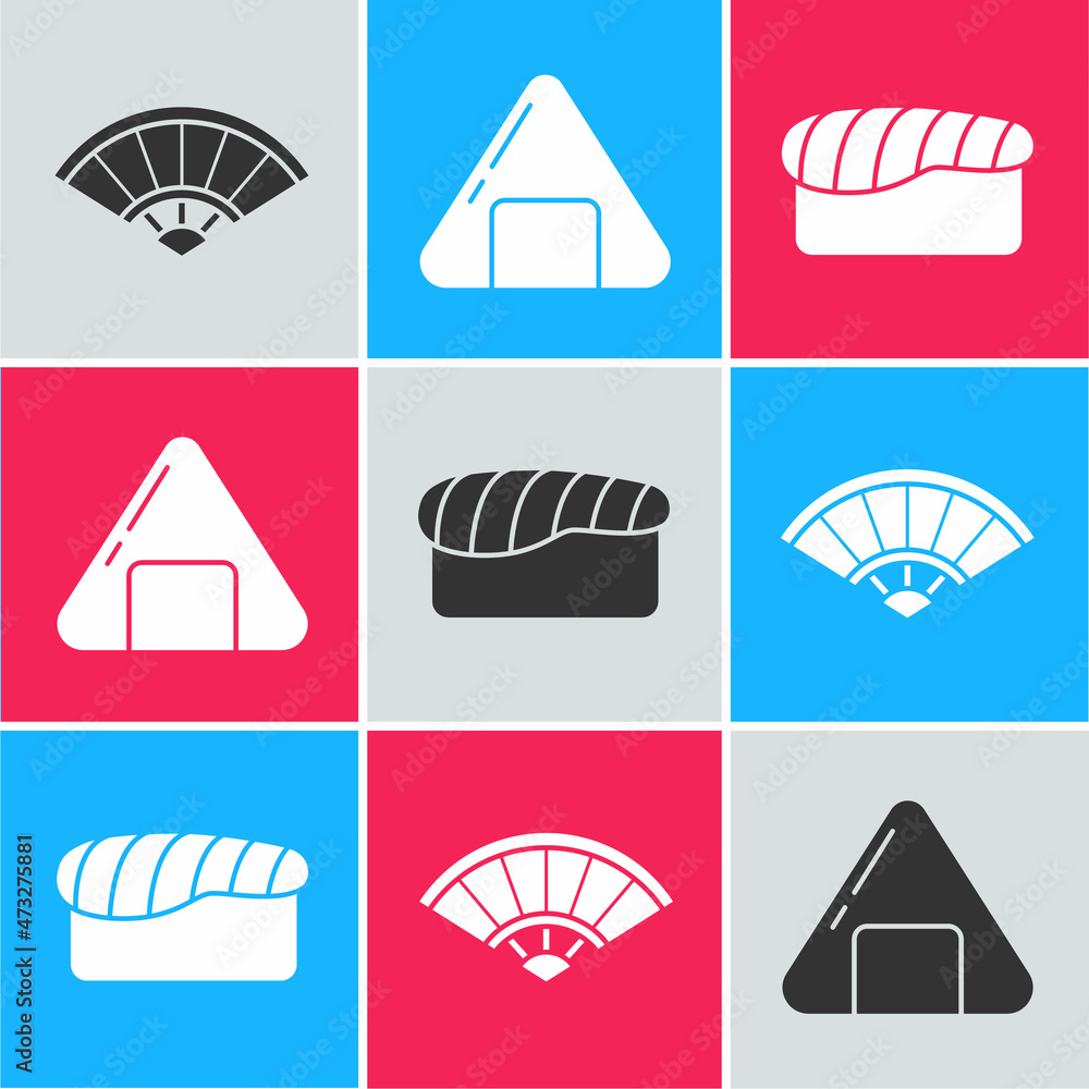 Set Paper chinese or japanese folding fan, Sushi and Sushi icon. Vector