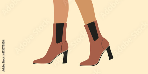 Shoe, boots, footwear. Woman, female, girls shoes. Classic shoes. Business fashion style boots. Feet, legs walking in elegant women leather boots with heel. Colorful Isolated flat vector illustration 