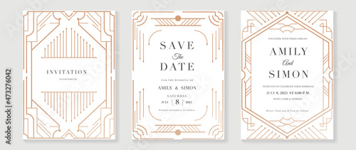 Gold and Luxury Invitation card design vector. Abstract geometry frame and Art deco pattern background. Use for wedding invitation, cover, VIP card, print, poster and wallpaper. Vector illustration.