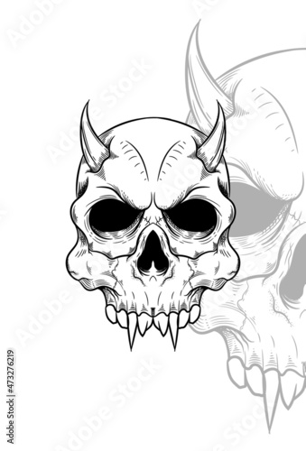 Human skull with horn and devil mask