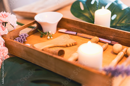 Wooden massage rollers. Massage equipment of a spa centre