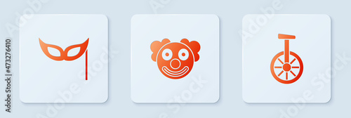 Set Clown head, Festive mask and Unicycle or one wheel bicycle. White square button. Vector