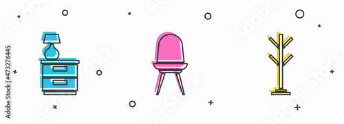 Set Furniture nightstand with lamp, Chair and Coat icon. Vector
