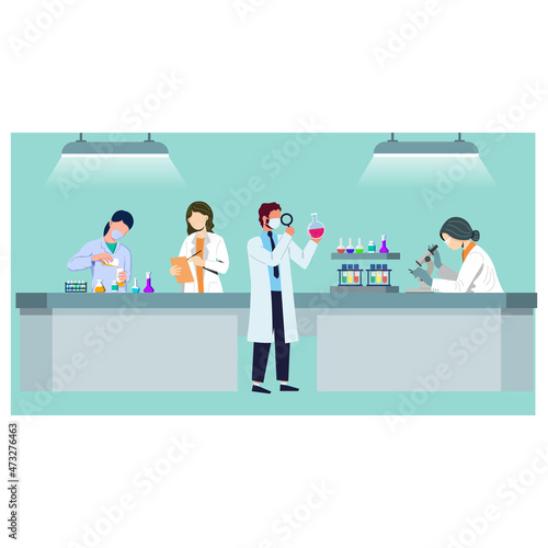Male and female researchers in chemical lab, wearing white coats conducting experiments in science laboratory. Flat vector illustration.