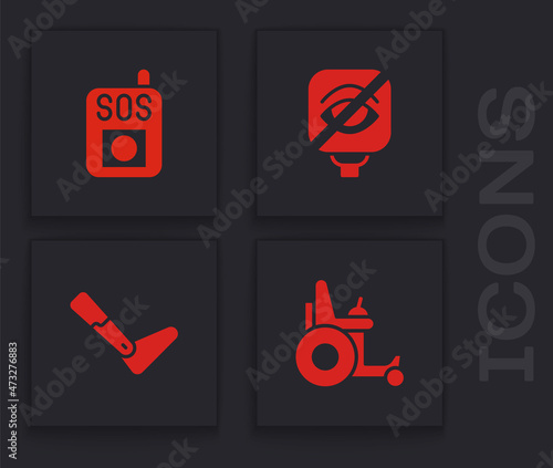 Set Electric wheelchair, Press the SOS button, Blindness and Prosthesis leg icon. Vector