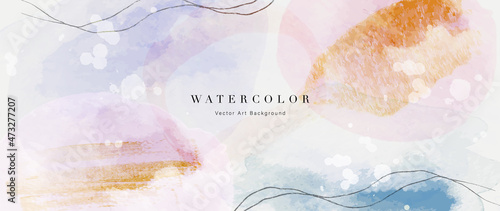 Watercolor art background vector. Wallpaper design with paint brush and gold line art. Earth tone blue, pink, ivory, beige watercolor Illustration for prints, wall art, cover and invitation cards.