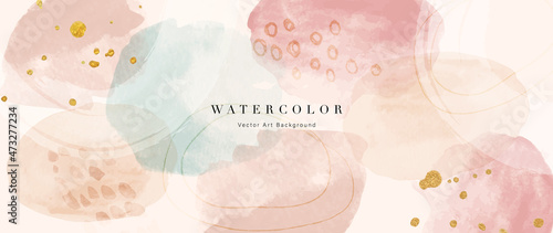 Panel kuchenny z motywem Watercolor art background vector. Wallpaper design with paint brush and gold line art. Earth tone blue, pink, ivory, beige watercolor Illustration for prints, wall art, cover and invitation cards.