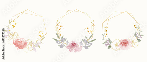 Abstract watercolor floral frame background vector.  Watercolor invitation design with leaves, flower , gold geometric frame and watercolor brush strokes. Vector illustration.