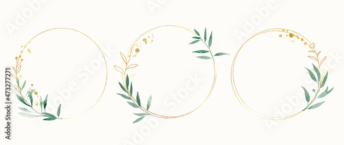 Abstract watercolor floral frame background vector.  Watercolor invitation design with leaves, flower , gold geometric frame and watercolor brush strokes. Vector illustration.