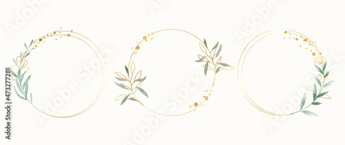 Abstract watercolor floral frame background vector. Watercolor invitation design with leaves, flower , gold geometric frame and watercolor brush strokes. Vector illustration.