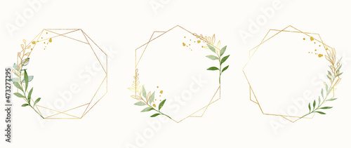 Abstract watercolor floral frame background vector.  Watercolor invitation design with leaves, flower , gold geometric frame and watercolor brush strokes. Vector illustration.