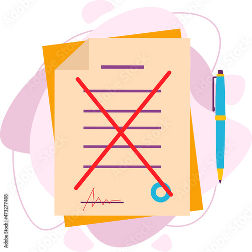 Termination of the contract. The contract was crossed out with a red pen. Vector illustration in a flat style. A bad deal. Violation of the terms of the commercial agreement.