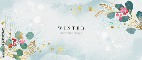 Winter background vector. Hand painted watercolor and gold brush texture, Flower and botanical leaves hand drawing. Abstract art design for wallpaper, wall arts, cover, wedding and  invite card.  