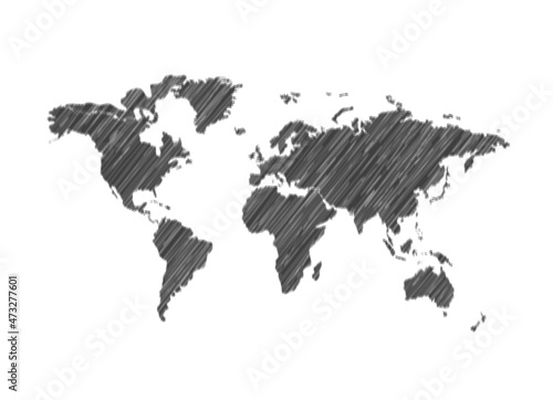 Scribble Lines Textured World Map, Hand Drawn Style Illustration, Map Isolated.