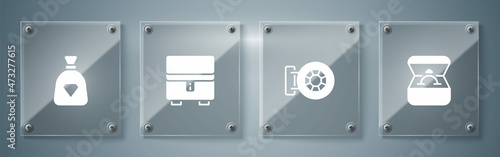Set Diamond engagement ring in box, Jewelry store, and Bag with gems. Square glass panels. Vector