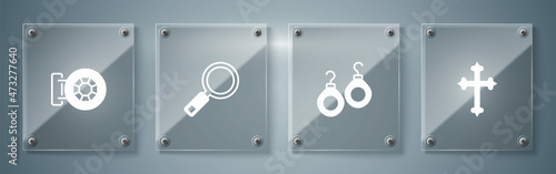 Set Christian cross, Earrings, Magnifying glass and Jewelry store. Square glass panels. Vector