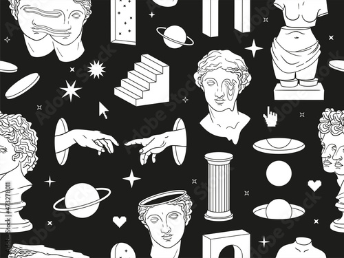 Greek ancient statues and surreal elements in trendy psychedelic weird style. Seamless vector pattern.