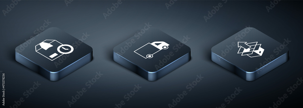 Set Isometric Cardboard box with clock, Unboxing and Delivery cargo truck icon. Vector Set Isometric Cardboard box with clock, Unboxing and Delivery cargo truck icon. Vector
