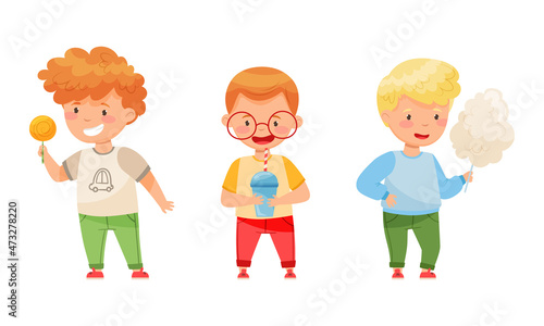 Children with sweet food set. Kids eating cotton candy, lollipop and drinking soda drink cartoon vector illustration