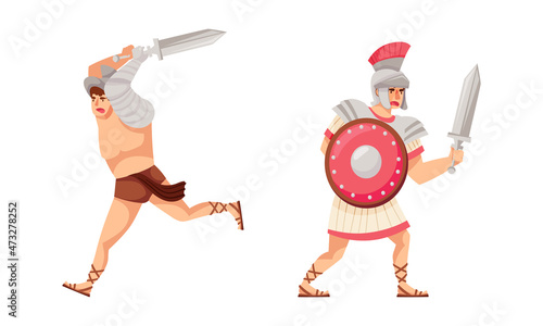 Ancient roman warriors fighting with sword and shield set cartoon vector illustration