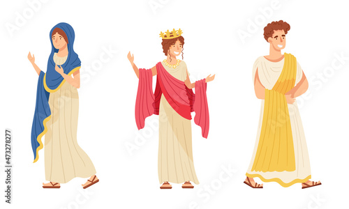 Ancient roman people set. Man and woman Roman citizens in traditional clothes cartoon vector illustration