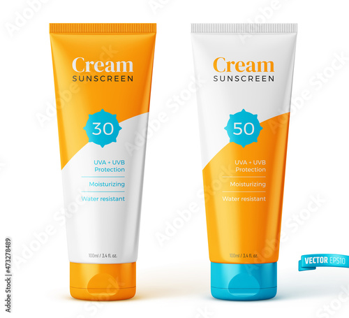 Vector realistic illustration of sunscreen tubes on a white background.