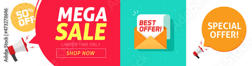 Special offer discount vector banner or mega sale deal off best promotion email marketing alert flat cartoon illustration, concept of digital advertising or electronic mail design