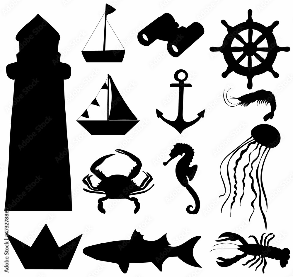 nautical silhouette icons, isolated, vector