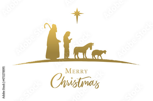 Fototapet Shepherds, donkey and sheep golden silhouette, nativity scene